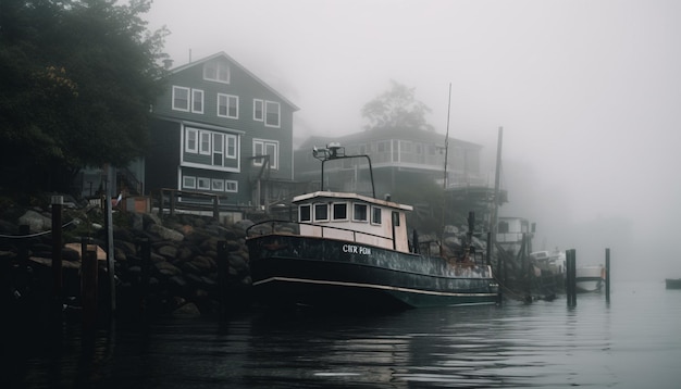 Gratis foto nautisch schip reist door mistige stadsnacht gegenereerd door ai