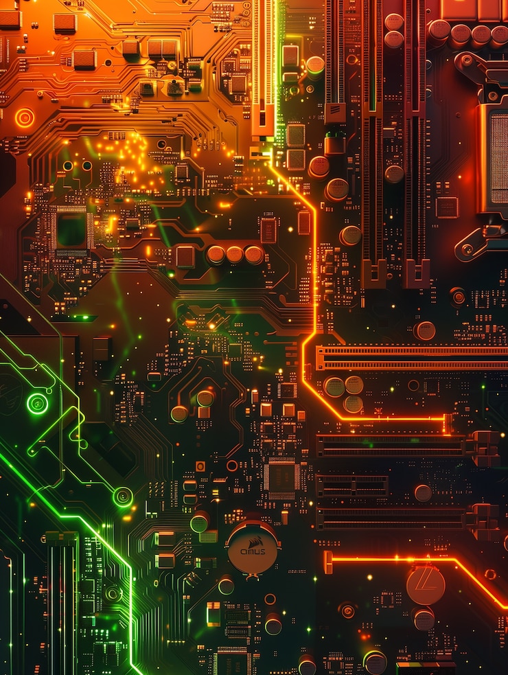 Gratis Foto neon achtergrond van het moederbord