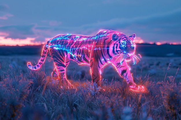 Gratis foto neon hologram van een tijger