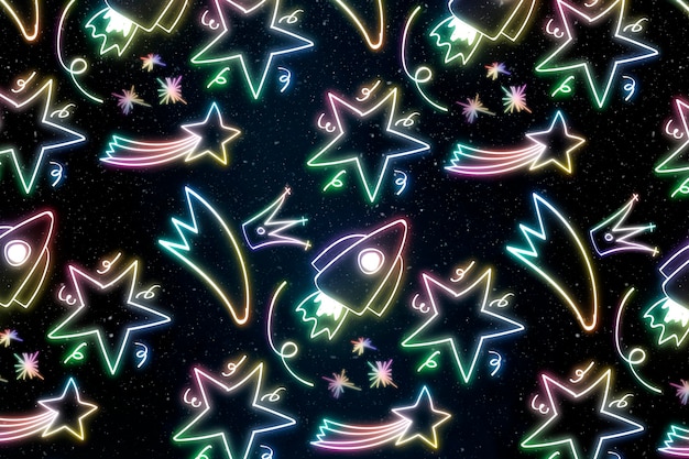 Gratis foto neon raket ster doodle patroon achtergrond