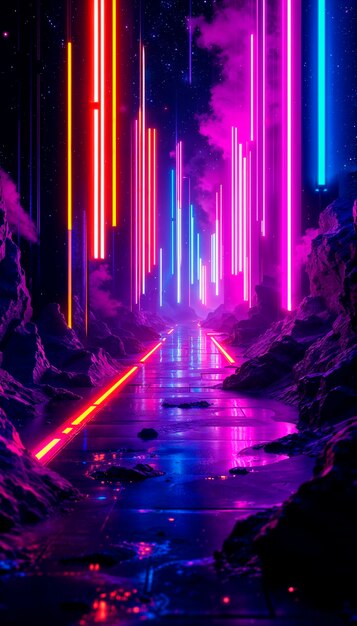 Neon stadsbeeld met futuristische weg