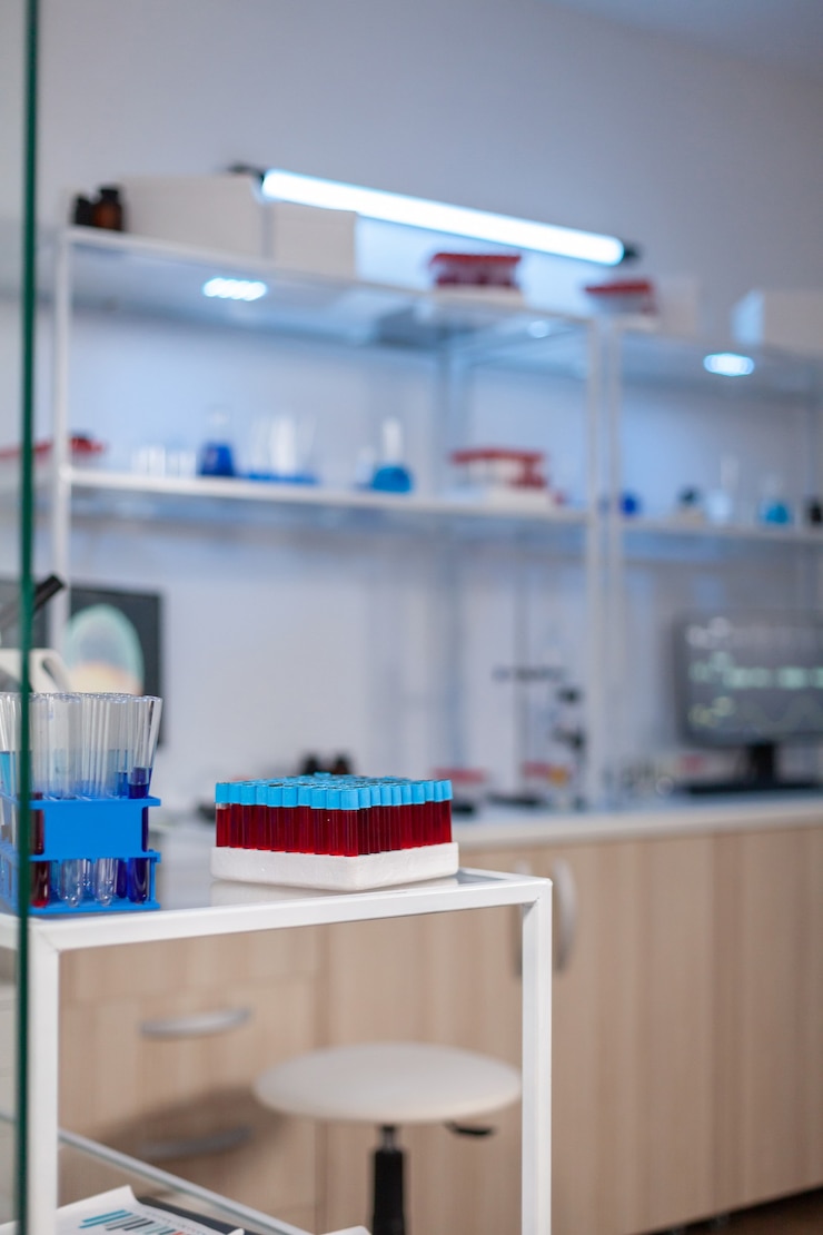 Gratis Foto neurologie medische kliniek met niemand erin modern uitgerust, voorbereid op behandelingsinnovatie van nerveus. systeem met behulp van hightech- en microbiologische hulpmiddelen voor wetenschappelijk onderzoek in het laboratorium.