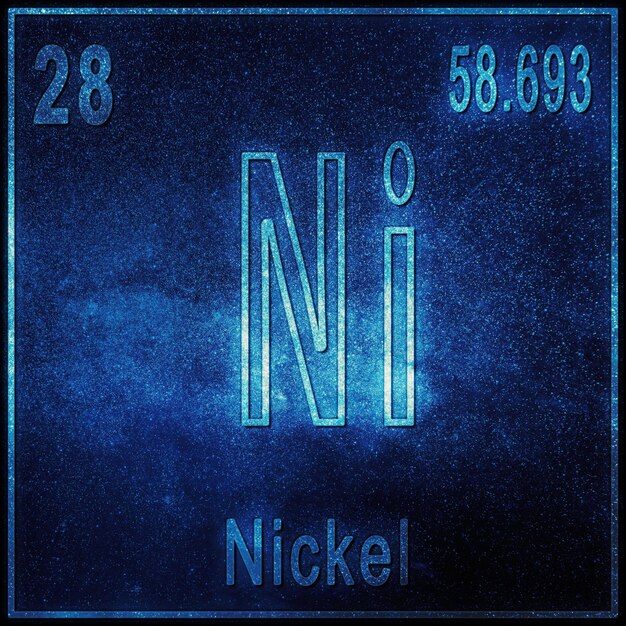 Nikkel scheikundig element, bord met atoomnummer en atoomgewicht, periodiek systeemelement