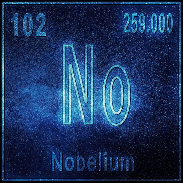 Nobelium scheikundig element, bord met atoomnummer en atoomgewicht, periodiek systeemelement