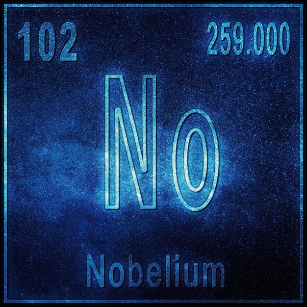 Nobelium scheikundig element, bord met atoomnummer en atoomgewicht, periodiek systeemelement