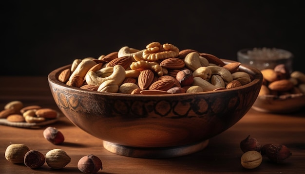 Nootachtige snackkom amandelen cashewnoten walnoten hazelnoten gegenereerd door AI