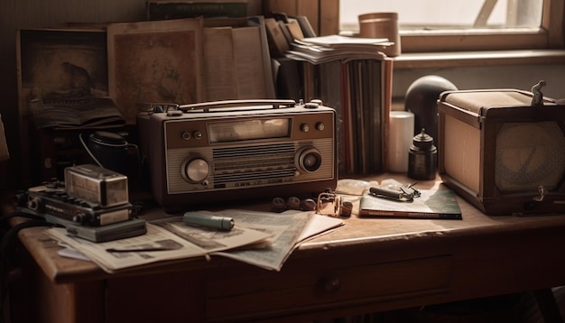 Nostalgisch bureau met antieke typemachine en radio gegenereerd door AI