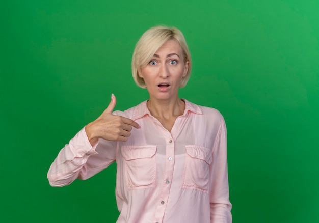 Onder de indruk jonge blonde Slavische vrouw wijzend op zichzelf geïsoleerd op groene achtergrond met kopie ruimte