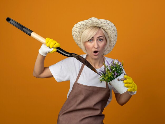 Onder de indruk tuinman vrouw van middelbare leeftijd in tuinman uniform met hoed en tuinhandschoenen spit bloempot met schop kijkend naar voorzijde geïsoleerd op oranje muur