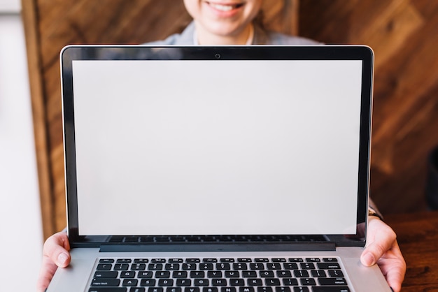 Onderneemster met laptop in koffiewinkel