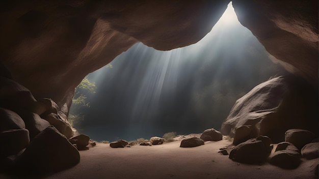 Gratis foto onderwatergrot met lichtstralen die uit het gat in de muur komen