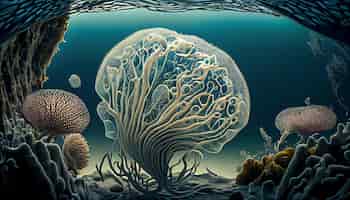 Gratis foto onderwaterkankercellen klampen zich vast aan levendige koraalgeneratieve ai