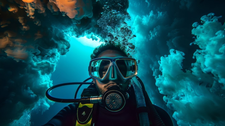 Gratis Foto onderwaterportret van een duiker die de zeewereld verkent
