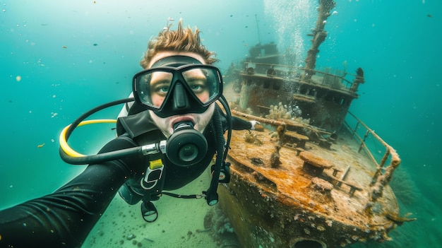 Gratis foto onderwaterportret van een duiker die de zeewereld verkent