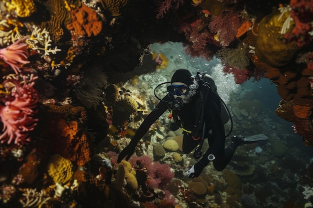 Gratis foto onderwaterportret van een duiker die de zeewereld verkent