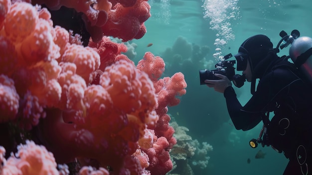 Gratis foto onderwaterportret van een duiker die de zeewereld verkent