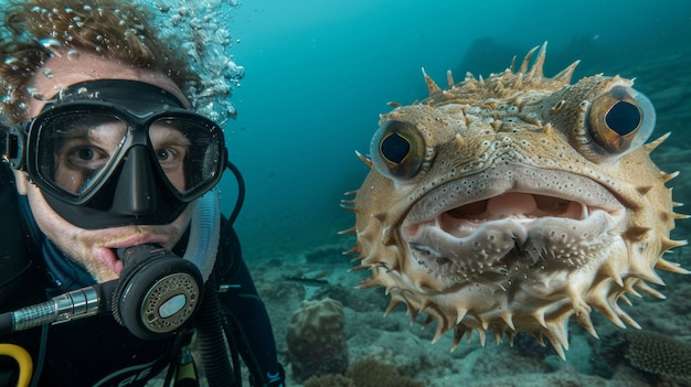 Gratis foto onderwaterportret van een duiker die de zeewereld verkent