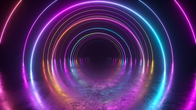 Oneindige vlucht in tunnel, neonlicht abstracte achtergrond, ronde arcade, portaal, ringen, cirkels, virtual reality, ultraviolet spectrum, lasershow, metalen vloerreflectie. 3d-afbeelding Premium Foto
