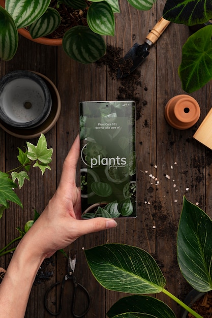 Gratis foto online plantenwinkel-applicatie op het scherm van de mobiele telefoon