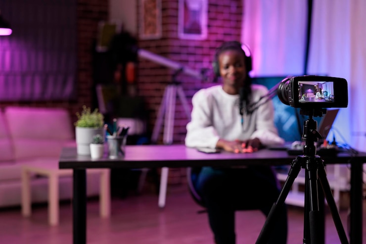 Gratis Foto online vrouwelijke vlogger die podcast-inhoud maakt met videoblog, live discussie opneemt om uit te zenden op social media-kanaal. happy lifestyle blogger met behulp van vlogapparatuur.