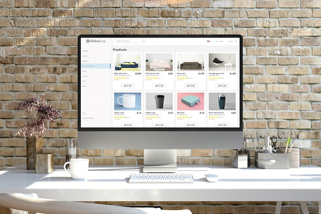 Online winkel scherm computer op een desktop 3d-rendering