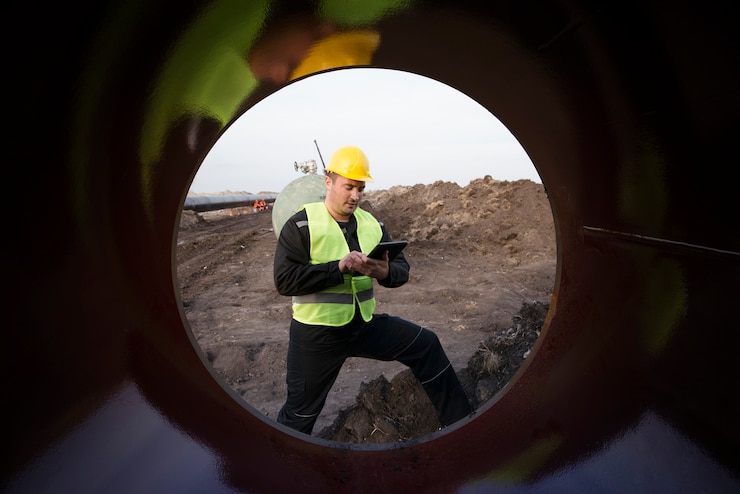 Gratis Foto ontsproten van een olieveldmedewerker die de kwaliteit van gasleidingen controleert op bouwplaats