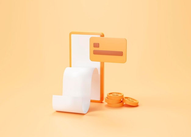 Ontvang op smartphone met muntgeld en creditcard online winkelen en succesbetalingsconcept op oranje achtergrond 3D-rendering
