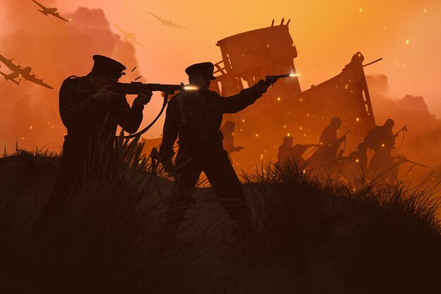 Oorlogs- en conflictlandschap met vechtende soldaten