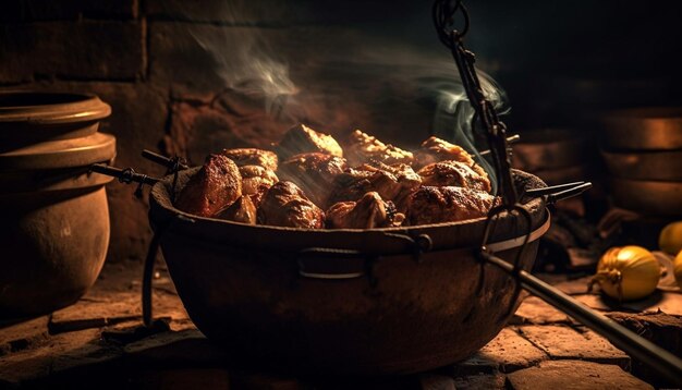 Op een fornuis staat een pan met vlees te koken.