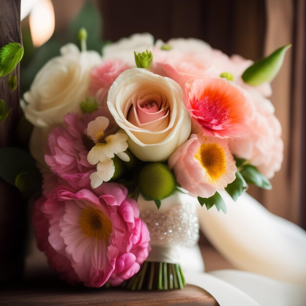 Op een tafel staat een boeket bloemen uitgestald.