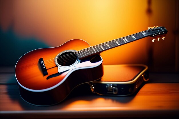 Op een tafel staat een gitaar met een koffer waarop 'gitaar' staat