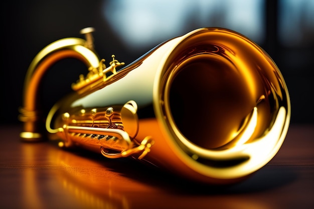 Gratis foto op een tafel staat een goudkleurige saxofoon.