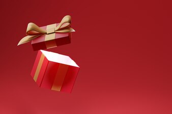 Open geschenkdoos licht afkomstig van een geschenk verrassing rode achtergrond bannerplaats voor tekst 3d render