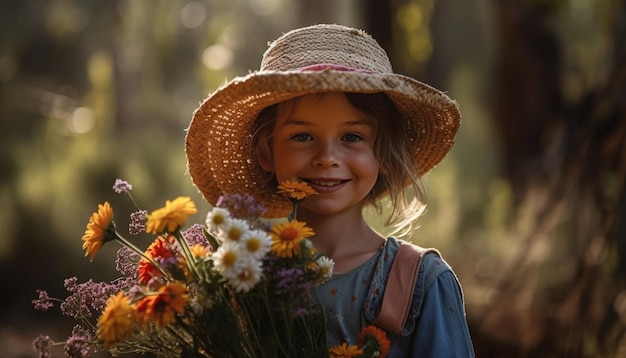 Openhartig portret van een vrolijk meisje dat geniet van de natuur, gegenereerd door AI