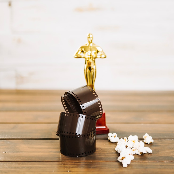 Gratis Foto opgerold film, popcorn en oscar-beeldje