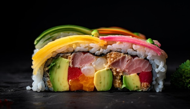 Opgerolde zeevruchten en avocado maki sushi gegenereerd door AI