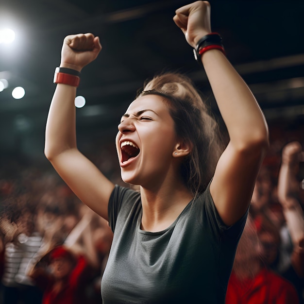 Opgewonden jonge vrouw met opgeheven handen voor de menigte op een muziekfestival