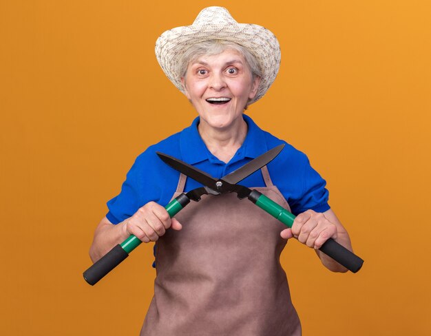 Opgewonden oudere vrouwelijke tuinman die een tuinhoed draagt en een tuinschaar vasthoudt