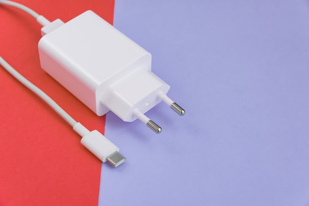 Oplader en USB-kabel type C over roze en blauwe achtergrond