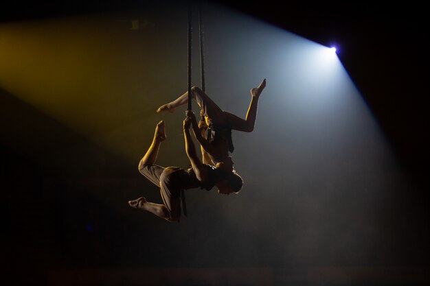 Optredens van artiesten op hoogte onder de koepel van het circus