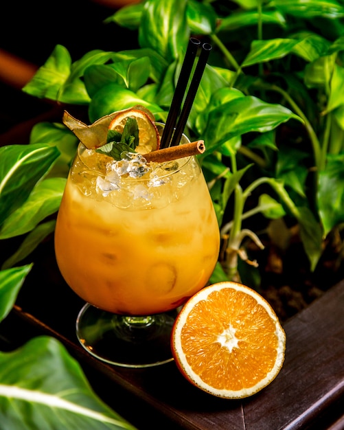 Oranje cocktail met het zijaanzicht van de muntkaneel