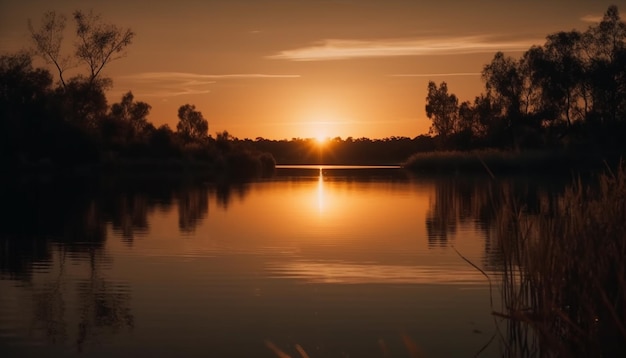 Oranje zonsondergang reflecteert op rustig waterlandschap gegenereerd door AI