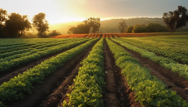 Organische weidebloesems in levendige zomerzonsondergang gegenereerd door AI