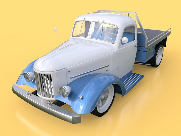 Oude gerestaureerde pick-up. pick-up in de stijl van hot rod. 3d illustratie. witte en blauwe auto op een gele achtergrond.