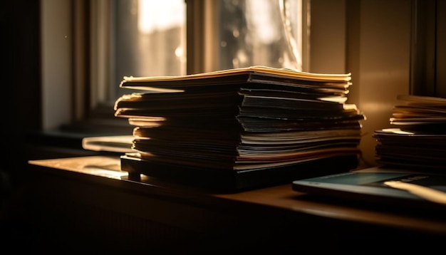 Oude literatuurstapel op houten tafel binnenshuis gegenereerd door AI