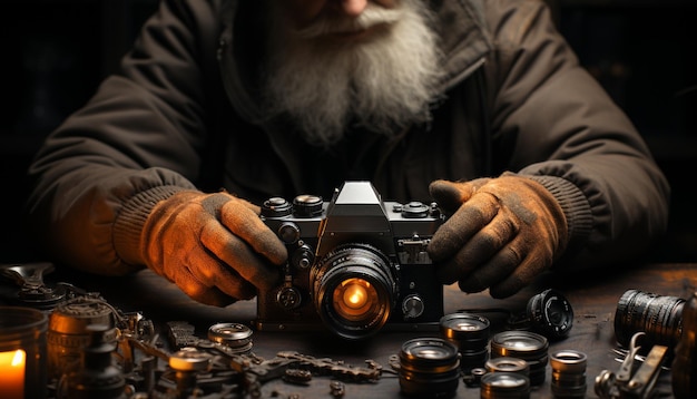 Oude man met camera die vakkundig fotografeert en de creativiteit en vaardigheden laat zien die zijn gegenereerd door kunstmatige intelligentie