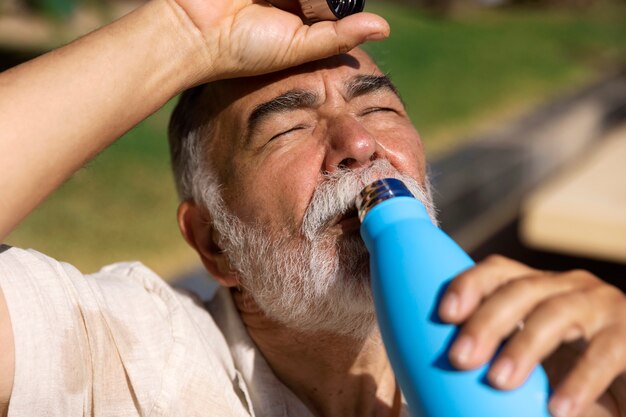 Oude man worstelt met hoge temperatuur