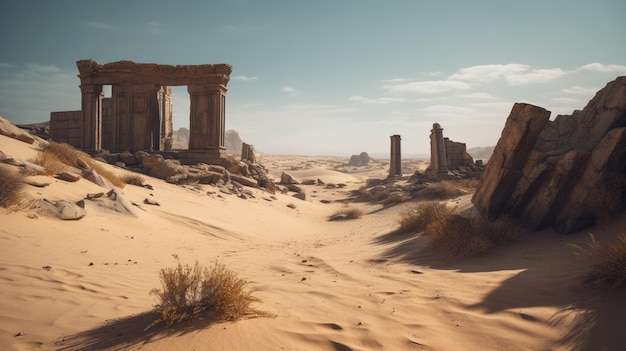Oude ruïnes gedeeltelijk begraven in het stuifzand van een afgelegen woestijn