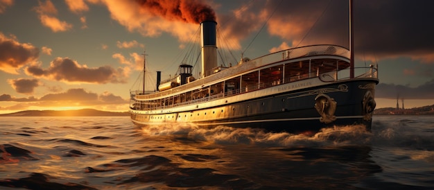 Oude stoomboot op de rivier bij zonsondergang