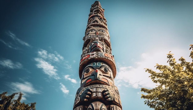 Gratis foto oude totempaal-idoolsculptuur in levendig bos gegenereerd door ai